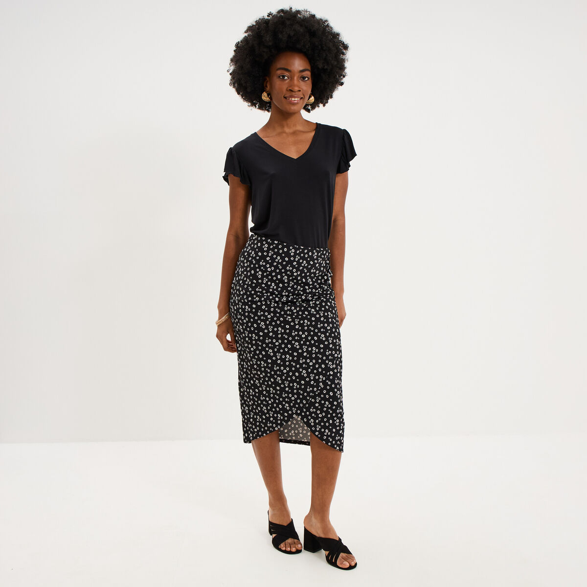 Jupe longue portefeuille stretch noir femme