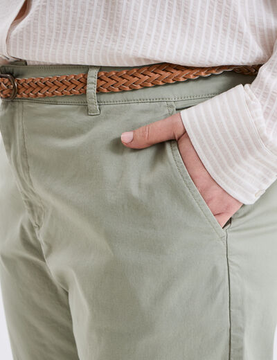 Pantalon chino cigarette ceinturé coton vert kaki femme grande taille