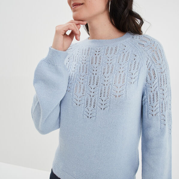 Pull manches ballons détails ajourés bleu pastel femme