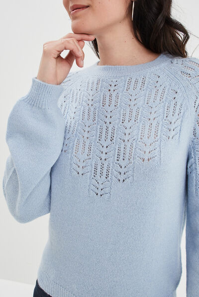 Pull manches ballons détails ajourés bleu pastel femme