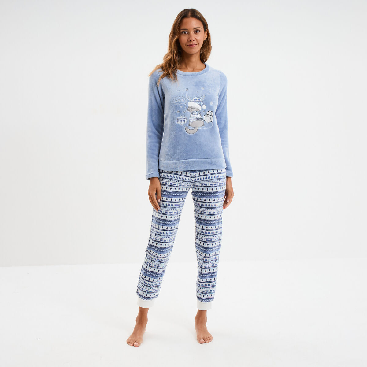 Ensemble pyjama pantalon effet velours bleu clair femme
