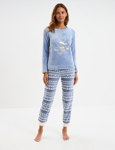 Ensemble pyjama pantalon effet velours bleu clair femme
