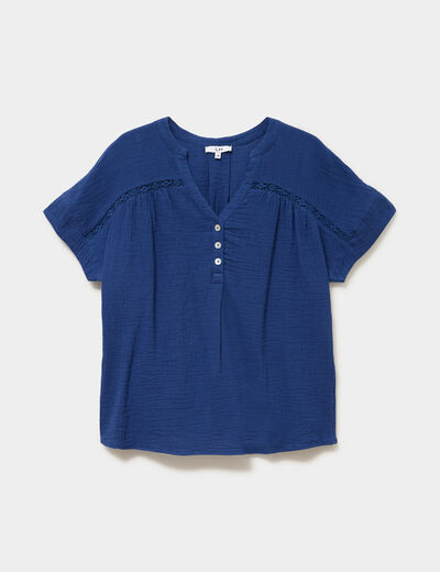 Blouse Col tunisien gaze de coton bleu marine femme