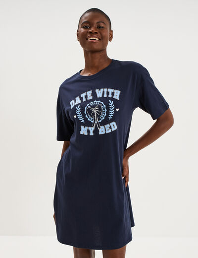 Chemise de nuit courte col rond coton bleu marine femme