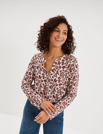 T-shirt col mao manches retroussables ecru femme