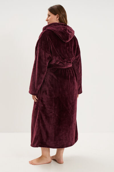 Peignoir velours long &agrave; capuche prune femme grande taille