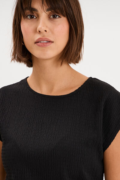 T-shirt fronc&eacute; gaufr&eacute; manches courtes noir femme
