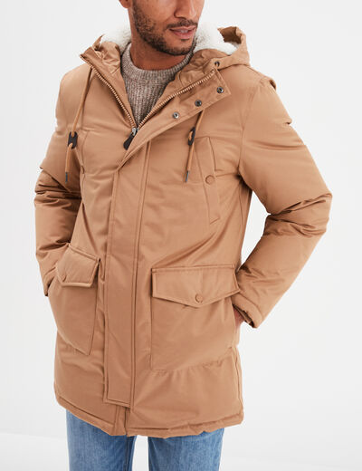 Parka mi-longue doublée à capuche taupe homme