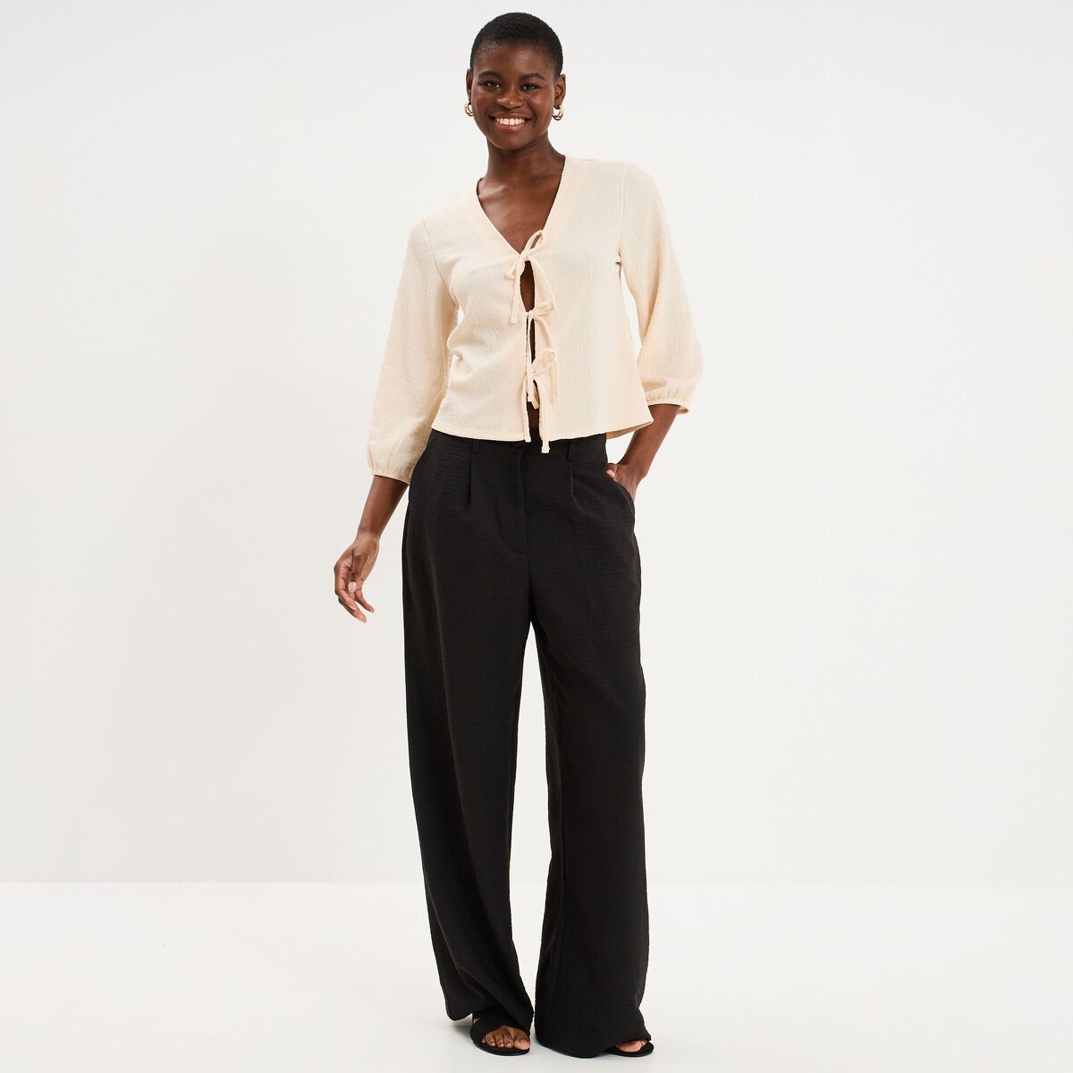 Blouse nou&eacute;e devant manches 3/4 sable femme