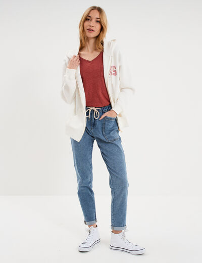 T-shirt col v poche poitrine rouge fonc&eacute; femme