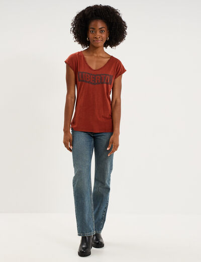T-shirt d&eacute;lav&eacute; en coton marron femme