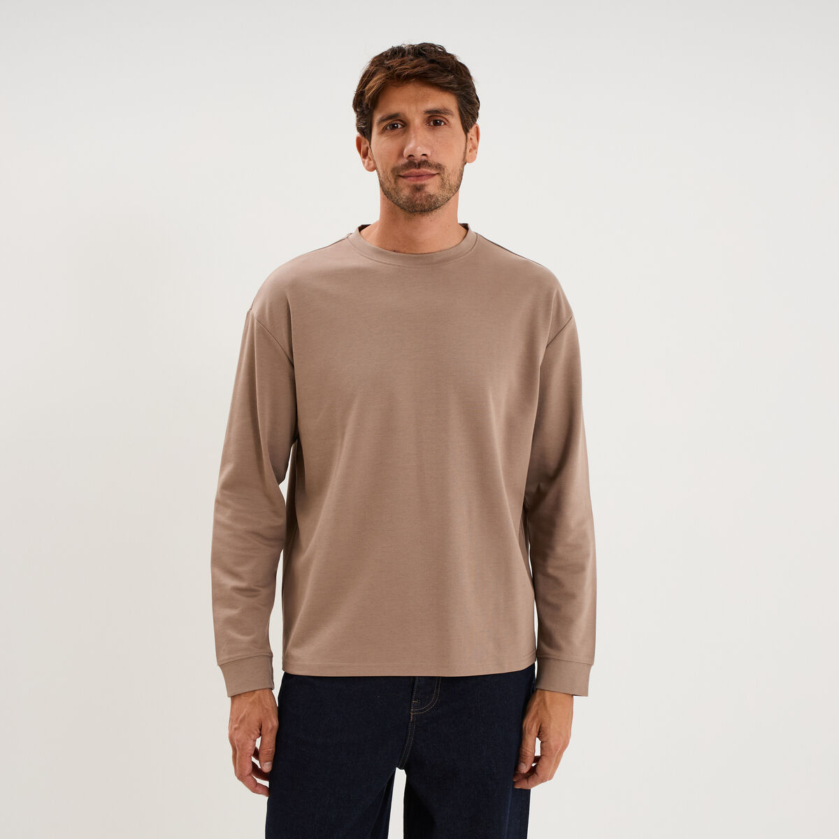 T-shirt col rond manches longues gris homme