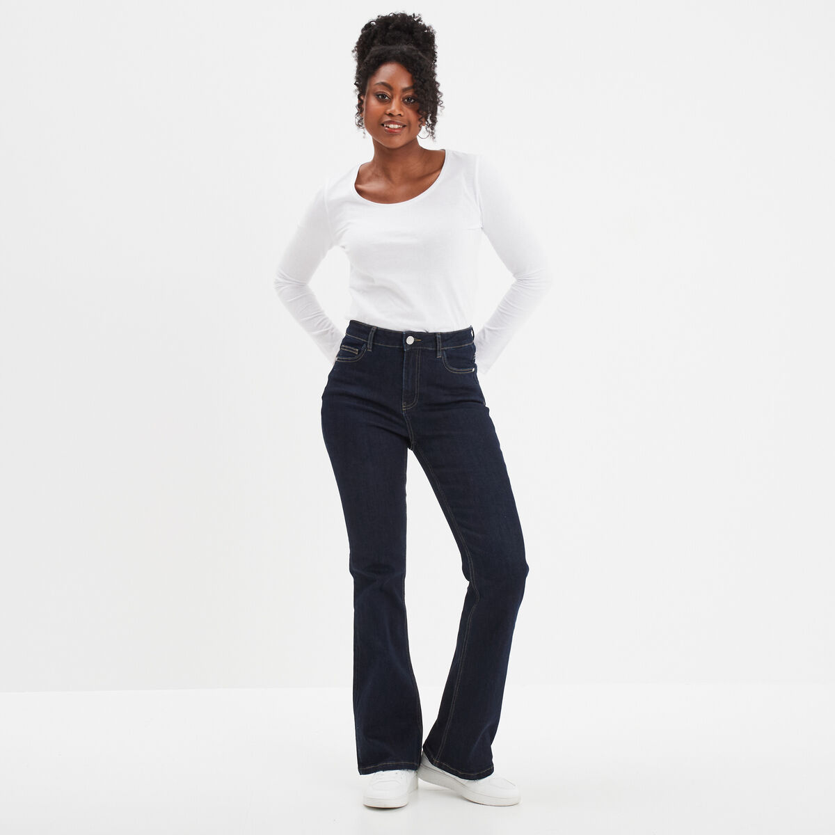 T-shirt coton col rond manches longues blanc femme