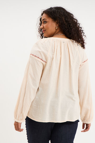Blouse brod&eacute;e manches longues coton beige femme grande taille
