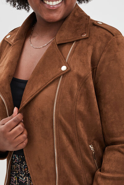 Blouson zippé effet suédine style biker marron femme grande taille