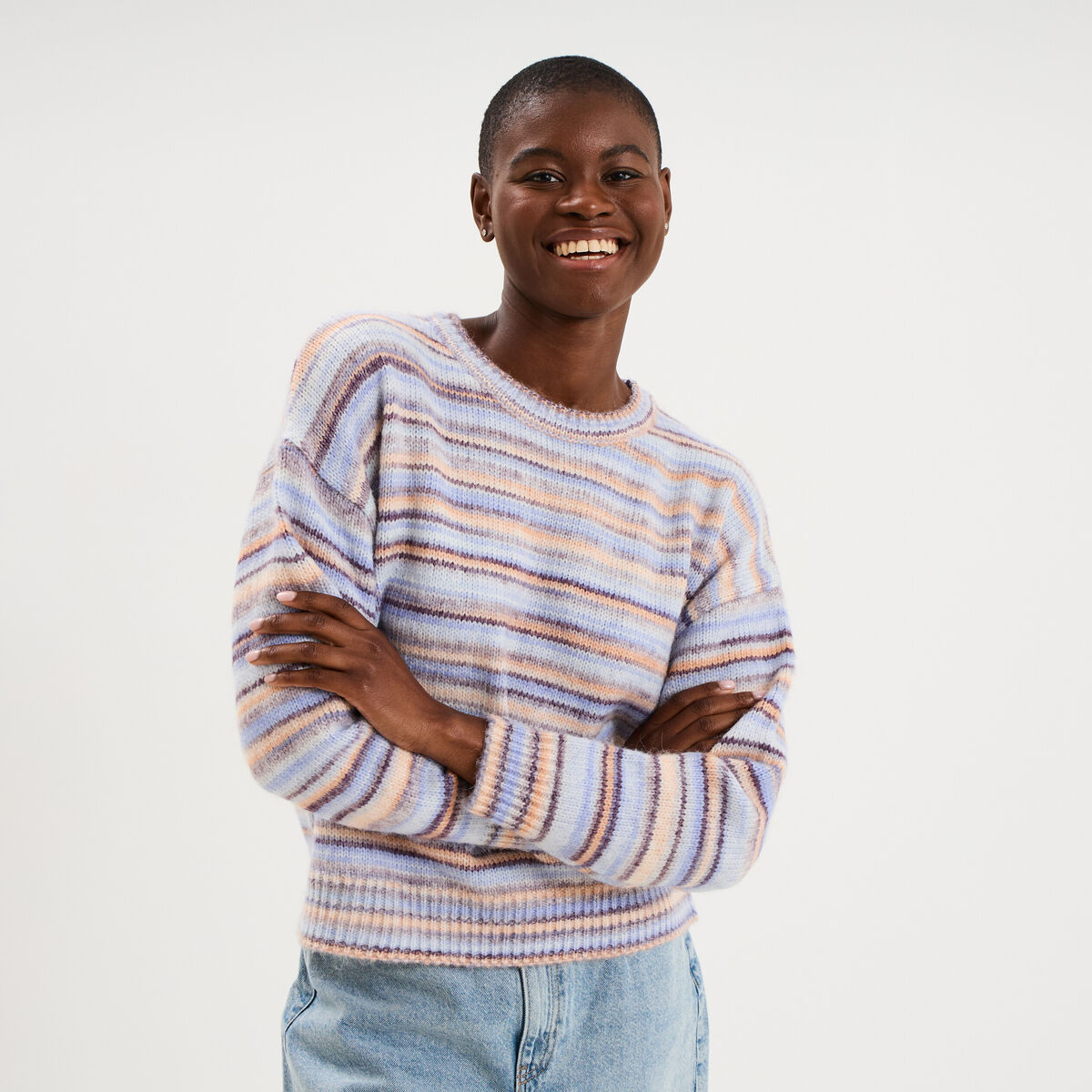 Pull col rond manches longues bleu ciel femme