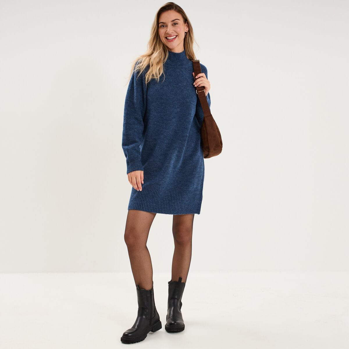 Robe pull col montant manches longues bleu femme