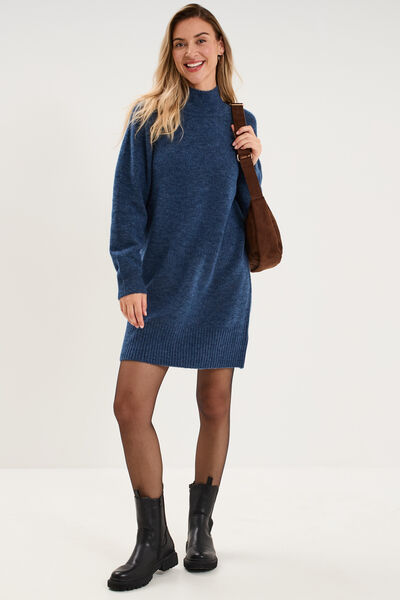 Robe pull col montant manches longues bleu femme
