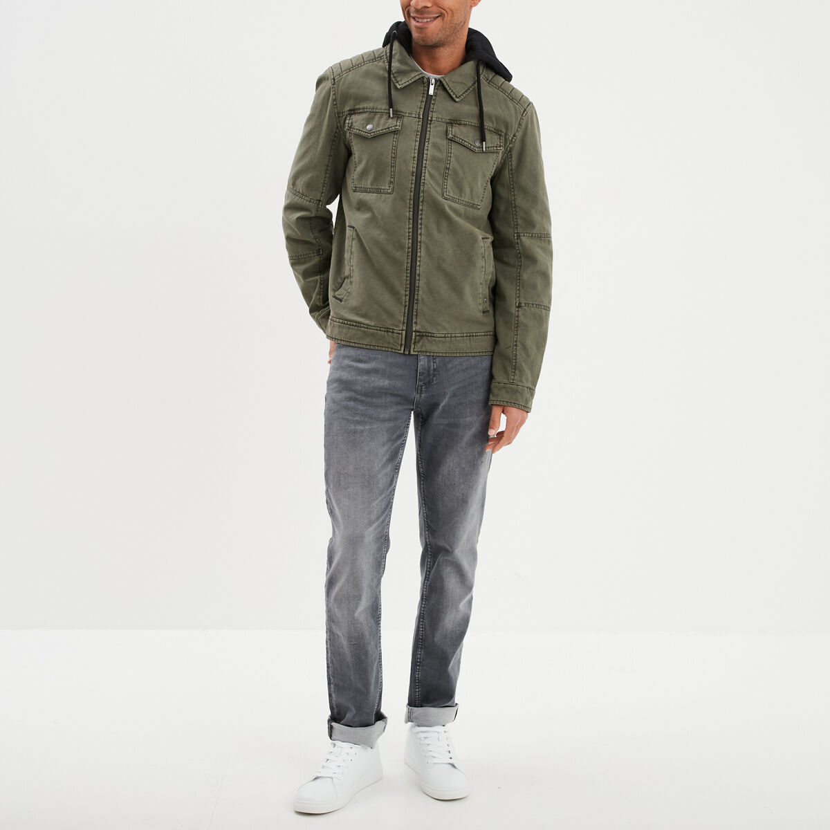 Veste doubl&eacute;e capuche amovible en coton vert kaki homme