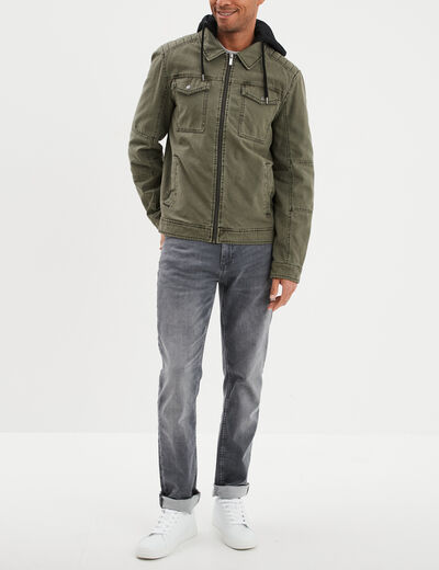 Veste doubl&eacute;e capuche amovible en coton vert kaki homme