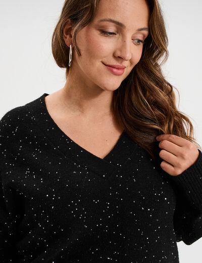 Pull droit col en V avec sequins noir femme grande taille