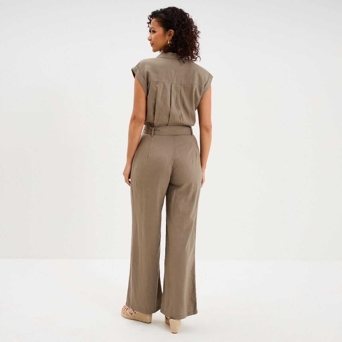 Combinaison pantalon lin m&eacute;lang&eacute; vert kaki femme