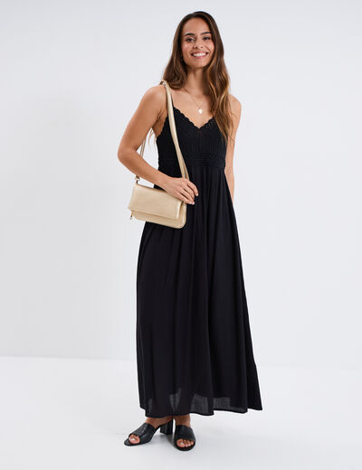 Robe longue col en V haut effet crochet noir femme