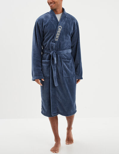 Peignoir effet velours ceintur&eacute; bleu marine homme