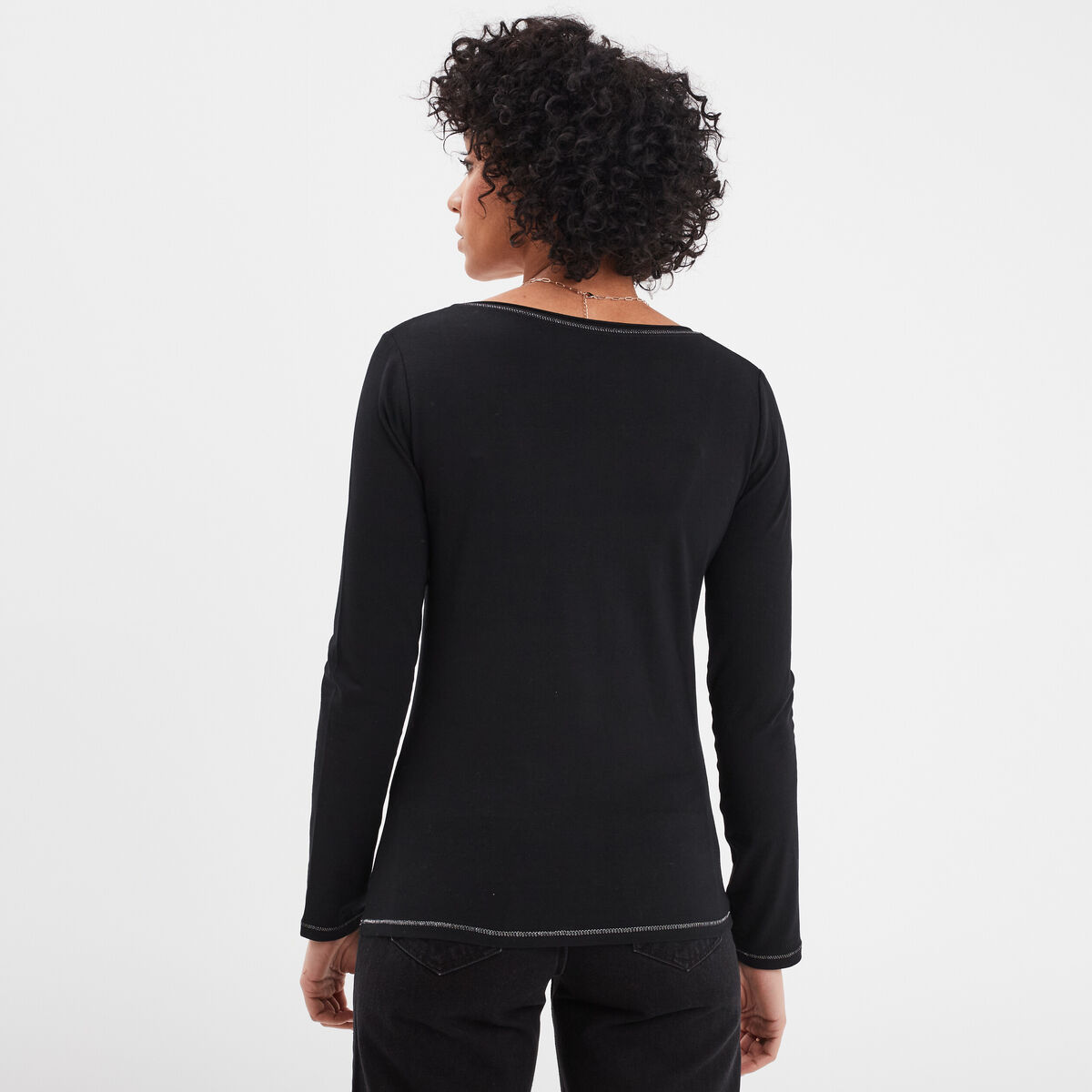 T-shirt manches longues col en V coton noir femme
