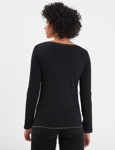 T-shirt manches longues col en V coton noir femme