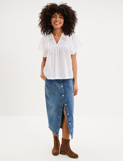Blouse fluide l&eacute;g&egrave;re avec volants coton blanc femme
