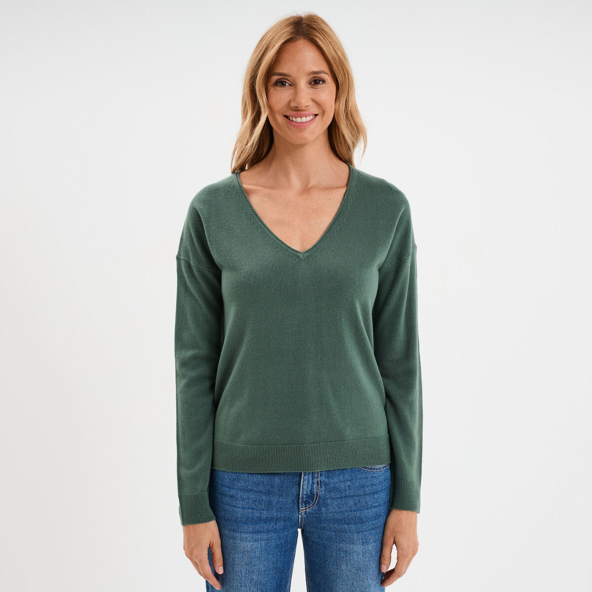 Pull col en V manches longues vert femme