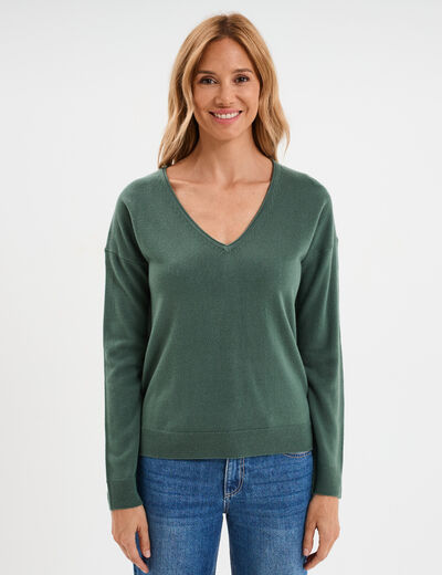 Pull col en V manches longues vert femme