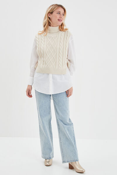 Poncho à noeuds col roulé sans manches sable femme