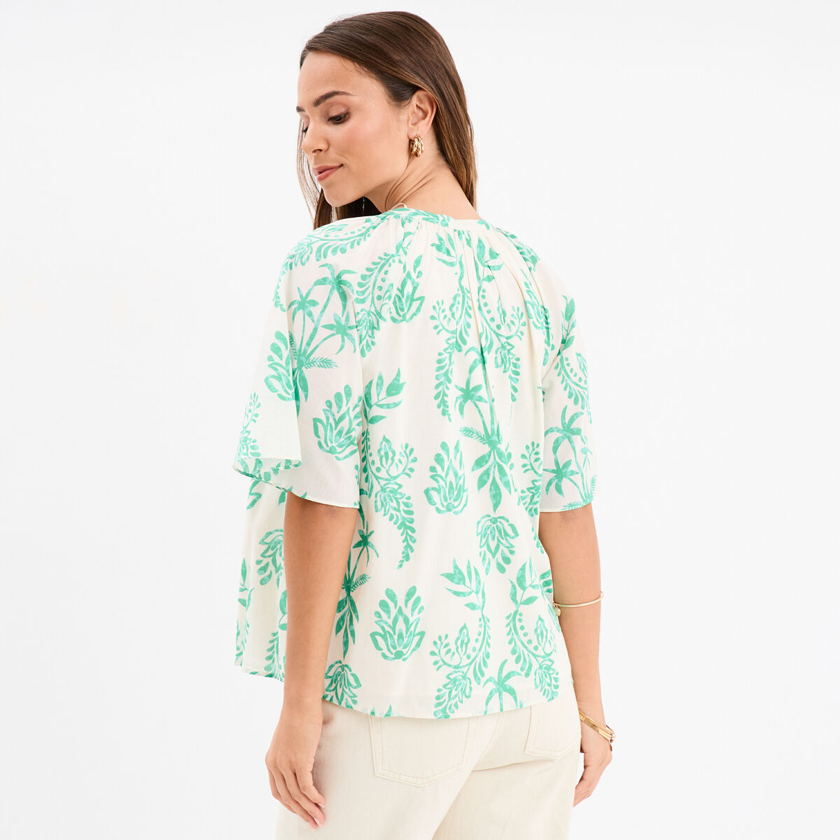Blouse manches courtes papillons coton ecru femme
