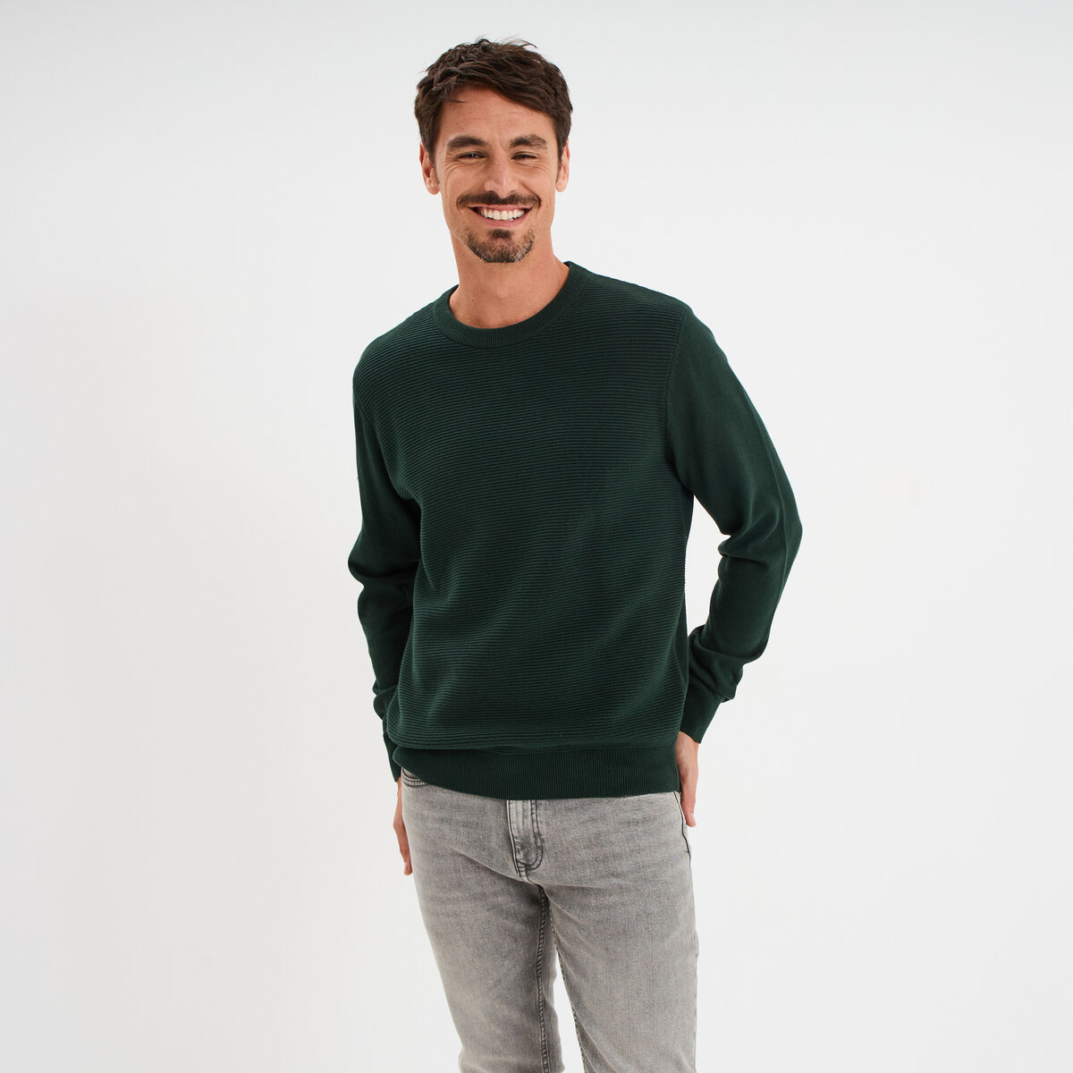 Pull col rond coton manches longues vert foncé homme