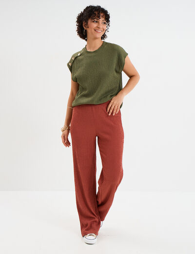 Pantalon effet gaufré taille élastiquée vieux rose femme