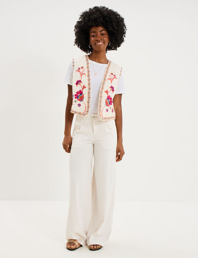 Jeans wide leg &agrave; pinces ecru femme