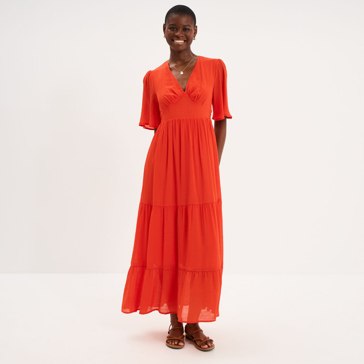 Robe longue fluide &agrave; volants orange fonc&eacute; femme