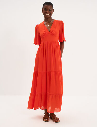 Robe longue fluide &agrave; volants orange fonc&eacute; femme
