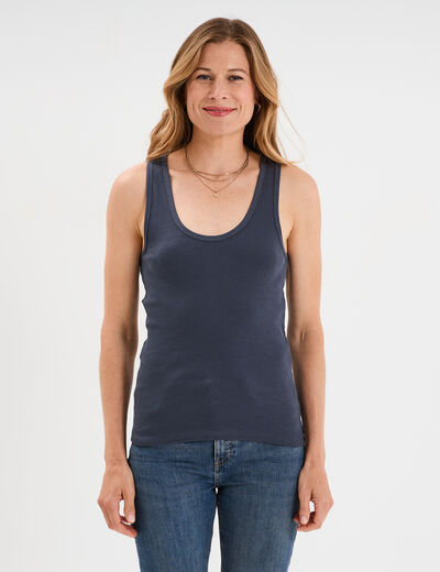 Débardeur col rond côtelé coton bleu gris femme