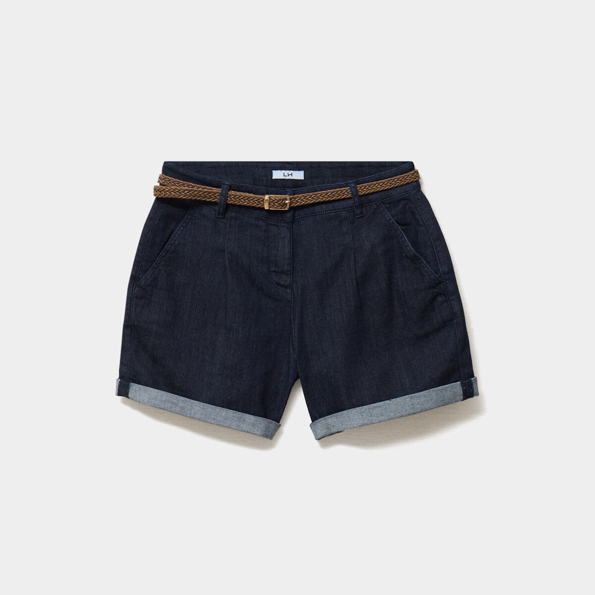 Short chino mom en jean ceintur&eacute; denim brut femme