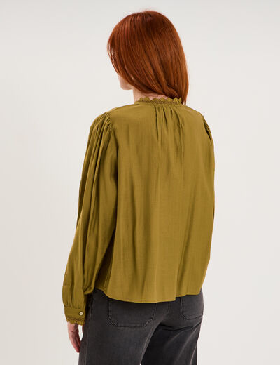 Blouse manches longues col dentelle vert olive femme