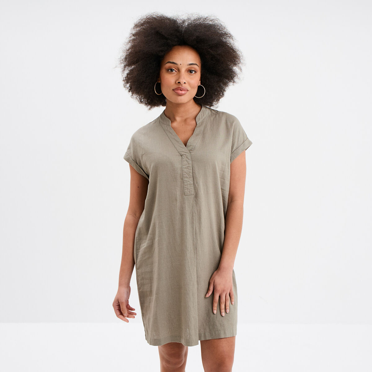 Robe manches courtes lin mélangé vert kaki femme