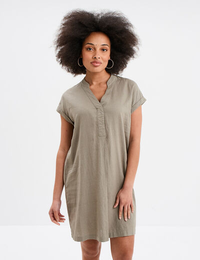 Robe manches courtes lin mélangé vert kaki femme