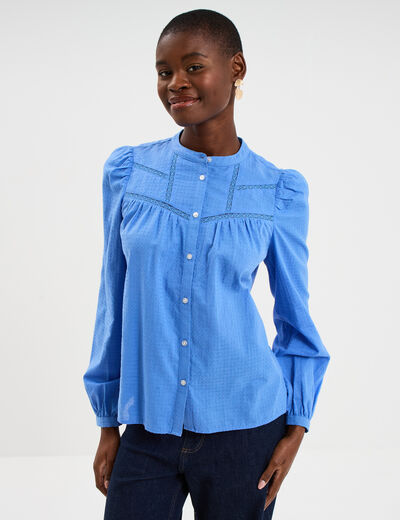 Blouse droite manches longues coton bleu electrique femme