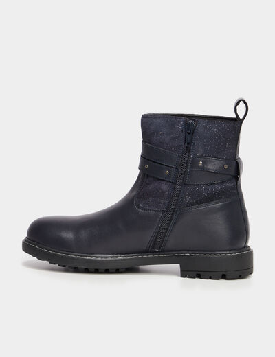 Bottines clous et paillettes en cuir bleu marine fille