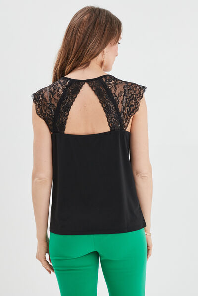 T-shirt col en V dos dentelle noir femme