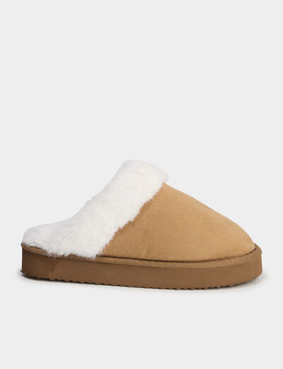 Chaussons mules compens&eacute;s fourr&eacute;s camel femme