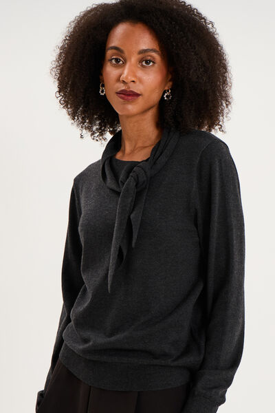 Pull fin col &eacute;charpe manches longues gris fonc&eacute; femme
